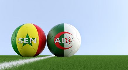 Senegal vs. Algeria Soccer Match - Soccer balls in Senegal and Algerian national colors on a soccer field. Copy space on the right side - 3D Rendering 