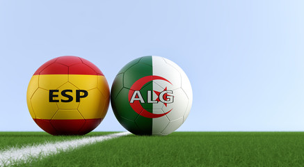 Spain vs. Algeria Soccer Match - Soccer balls in Spain and Algerian national colors on a soccer field. Copy space on the right side - 3D Rendering 