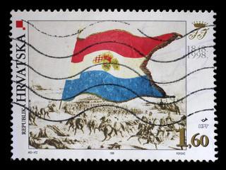 Stamp printed in Croatia shows The battle near Moor with the flag of ban Jelacic, circa 1998.