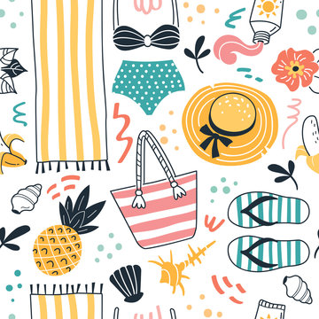 Basic RGB Summer pattern. Vector seamless colorful pattern in cartoon doodle style with beach clothes, objects and fruits on white background.