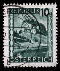 Stamp printed in Austria shows Hochosterwitz, Carinthia from the series Landscapes, circa 1945.