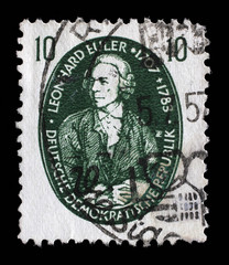 Stamp issued in Germany - Democratic Republic (DDR) shows Leonhard Euler, mathematician, physicist, astronomer, logician and engineer, circa 1957.