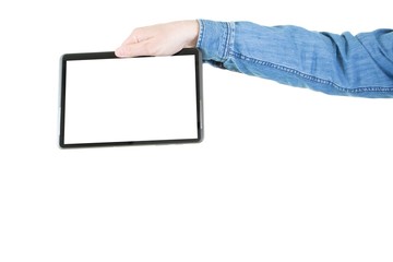 Man hand holding a tablet on white background
