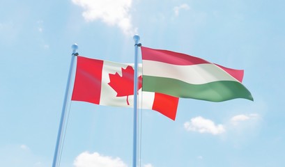 Hungary and Canada, two flags waving against blue sky. 3d image