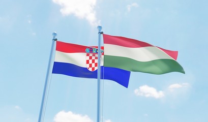 Hungary and Croatia, two flags waving against blue sky. 3d image
