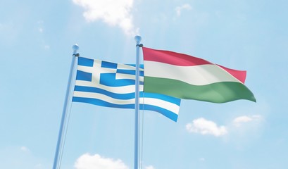 Hungary and Greece, two flags waving against blue sky. 3d image