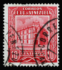 Stamp printed in Venezuela shows Main Post Office Caracas, circa 1955.