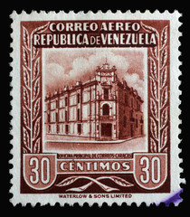 Stamp printed in Venezuela shows Main Post Office Caracas, circa 1955.