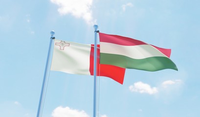 Hungary and Malta, two flags waving against blue sky. 3d image