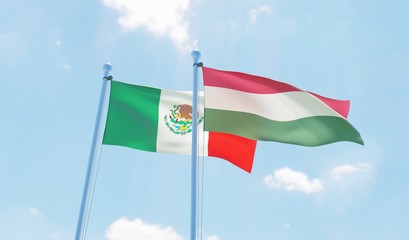 Hungary and Mexico, two flags waving against blue sky. 3d image