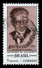Stamp printed by Brazil. The 100th Anniversary of the Birth of Francisco Braga, 1868-1945, circa 1968.