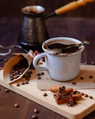 Morning ritual and routine: cup of hot coffee with spices. Lifestyle, good mood for a good day....