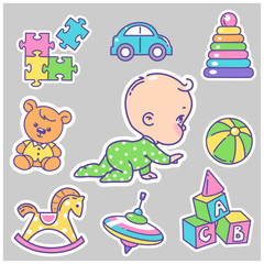 Fototapeta premium Vector collection of baby icons, stickers. Cute little baby boy or girl crawling., play with toys. Child in diaper with pyramid, ball, bear.