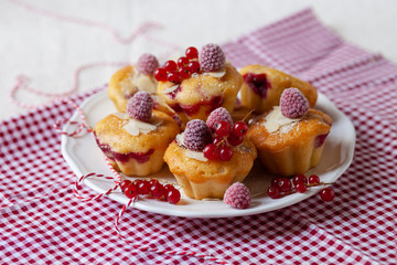 Delicious homemade raspberry cupcakes for a birthday party. Decorated with berries and almond, served on a red festive napkin. White plate. Daylight