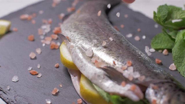 Sprinkling trout with Himalayan salt. Slow motion
