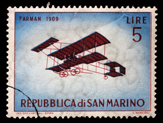 Stamp issued in San Marino shows Henri Farman H.F.III biplane 1909, Vintage Aircraft Series, circa 1962.
