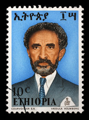 Stamp printed in Ethiopia shows image of emperor Haile Selassie with the inscription in Amharic,...