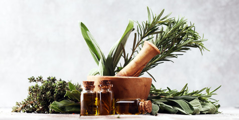 Fresh herbs from the garden and the different types of oils for massage and aromatherapy on table