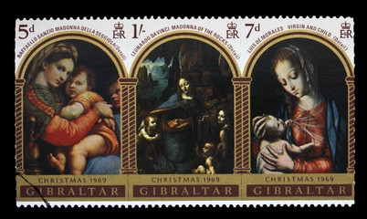 Christmas stamp issued in Gibraltar, circa 1969.