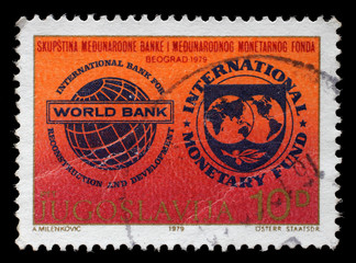 Stamp issued in Yugoslavia shows Meeting of the International Monetary Fund and International Bank...
