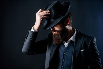 englishman club. Detective in hat. Mature hipster with beard. brutal caucasian hipster has...
