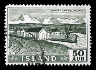 Stamp issued in Iceland shows Ellidaarvirkjun 1921, Waterfalls and Hydroelectric Power Plants serie, circa 1956.
