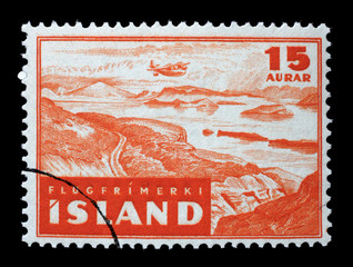 Stamp issued in Iceland shows Aircraft Saro Lerwick over Pingvellir, circa 1947.