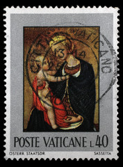 Stamp issued in Vatican shows Madonna of Humility 1433 by Stefano di Giovanni Sassetta, Pinacoteca Vaticana, circa 1971.