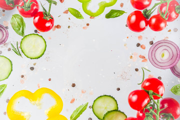Fresh vegetables, herbs and spices on white background