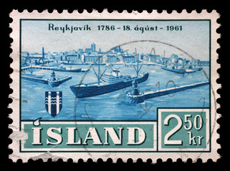 Stamp issued in Iceland shows the 175th Anniversary of Reykjavik, circa 1961.