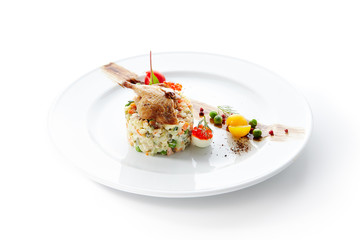 Olivier Salad or Russian Salad with Roasted Quail