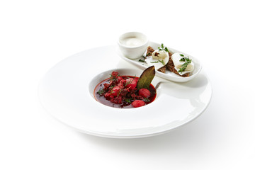 Borscht or Borsch Served with Salted Lard on Black Bread