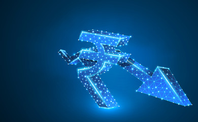 Downtrend arrow, Rupee currency, digital neon 3d illustration. Polygonal Raster business crisis, crash, data cash, finance concept. Low poly wireframe, triangle, lines, dots, polygons. Blue background