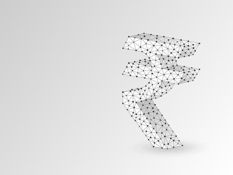 Rupee currency sign, digital origami 3d illustration. Polygonal Raster India money symbol. Business, data cash, finance concept. Low poly wireframe, triangle, lines, dots, polygons on white background