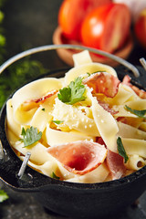 Classic Homemade Pasta Carbonara with Bacon, Pancetta and Grated Parmesan Cheese
