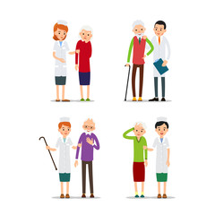 Set nurse and patient or doctor and patient. Physician is standing next to patient. Practitioner supports patient. Medical service. Cartoon illustration isolated on white background in flat style