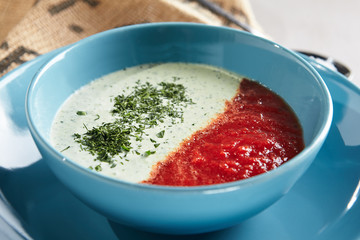 Tomato and Cucumber Gazpacho in Blue Bowl