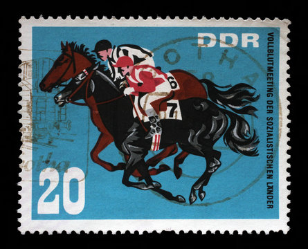Stamp issued in Germany - Democratic Republic (DDR) shows Horse Race, Thoroughbred Horse Show of Socialist Countries, Hoppegarten, Berlin, circa 1967.
