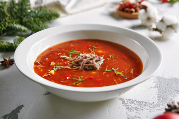 Homemade Red Tomato Soup with Beef Close Up