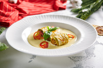 Baked Mini Cabbage Rolls in Creamy Sauce Close Up