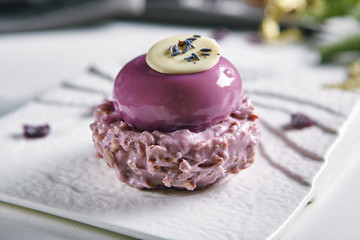 Exquisite Serving Dish with Blueberry Mousse Dessert on Blurred Background