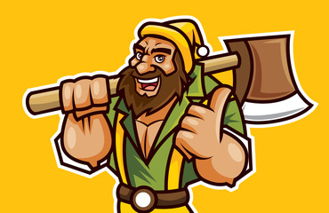 Cartoon lumberjack wears a beanie hat and holds a ax on shoulder. Bearded lumberjack with good hand sign - Vector