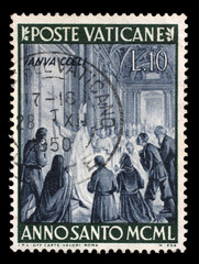 Stamp issued in Vatican shows Pope Pius XII opened the Holy Door, circa 1949.