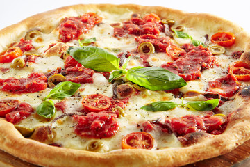 Pizza with Cherry Tomato, Mozzarella Cheese and Tomato Sauce Isolated