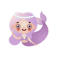 Cute smiling mermaid girl with violet long wavy hair and beads on head isolated on white background