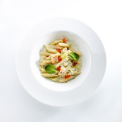 Fish Penne Pasta Al Dente with Salmon Isolated on White Background