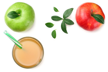 green and red apples with apple juice isolated on white background. top view
