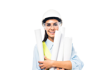 Engineer in hardhat and goggles holding blueprints isolated on white