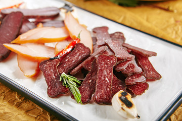 Meat Platter with Thin Slices of Cured Ham, Veal, Chicken, Pork, Beef and Sausages on White Plate