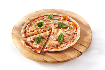 Hot Seafood Pizza on Wooden Plate Isolated